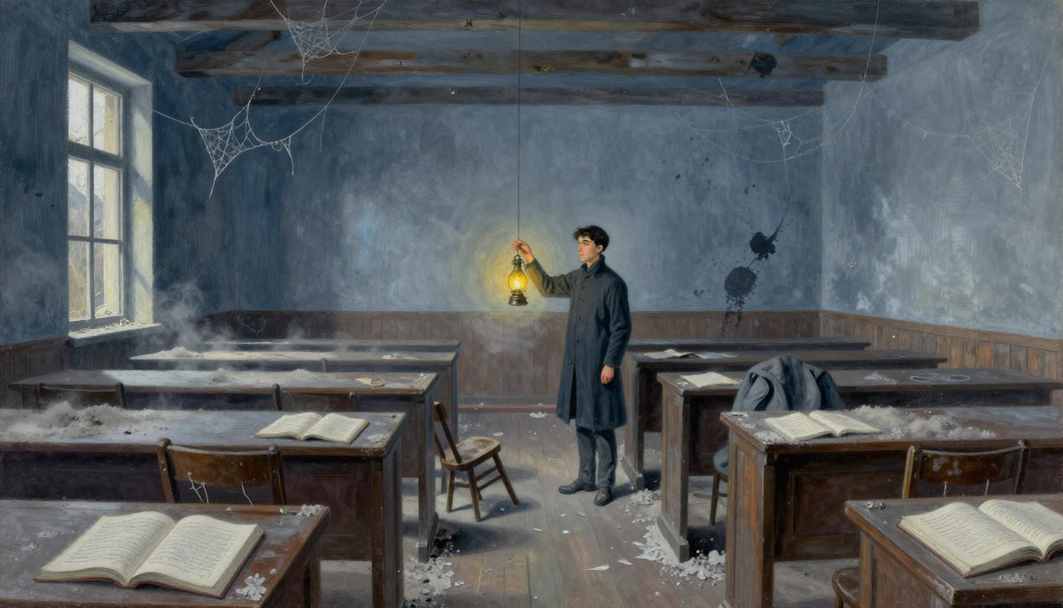 A painted abandoned Renaissance lecture room in cold blue light: rows of dark oak desks under thick dust with journals lying open on them, cobwebs slung from the ceiling beams, fallen plaster across the floorboards, a dusty coat left on a chairback, and a slight dark-haired young man in a plain high-collared coat standing in the aisle holding an oil lamp up to see by