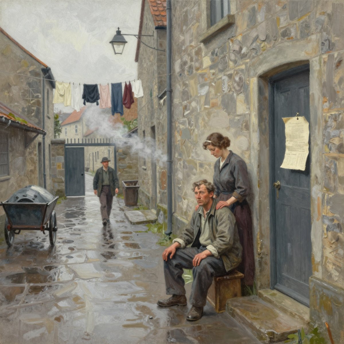 A painted poor lane of stone tenements after rain, washing strung high between the eaves, steam coming over a dye-yard wall, a handcart, and a middle-aged man in working clothes sitting upright on a worn step with his hands loose and open, looking at nothing, a woman standing beside him with a hand on his shoulder while two neighbours walk past
