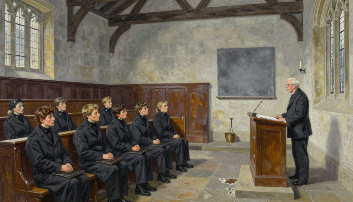 A painted Renaissance stone hall serving as a police-school classroom: tall stone-mullioned windows of leaded panes, a timber-beamed ceiling, oak panelling and a worn flagstone floor, nine adult trainees in plain dark high-collared uniform coats on heavy oak benches, and a tall desk-stooped white-haired man in his sixties speaking from a carved oak lectern