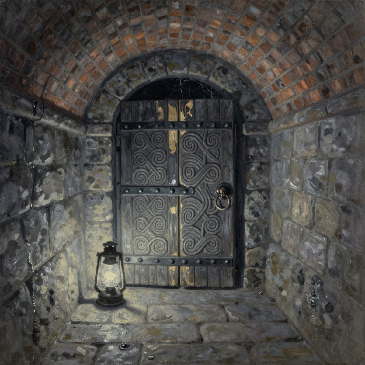 A painted heavy oak door banded with black iron at the dead end of a low underground passage with a brick barrel vault overhead and wet flagstones underfoot, its face carved all over with interlocking geometric knotwork and no lettering, an iron ring handle, and a single oil lantern standing on the flags throwing light up the door