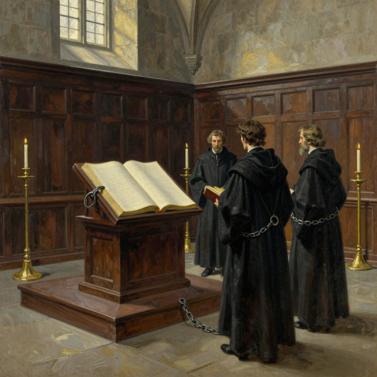 A painted oath chamber in a Renaissance guild hall: a panelled room of dark carved oak, a lectern on a low dais holding an enormous open ledger with a chain running from its binding to a ring in the stone floor, three men in dark high-collared robes standing apart, tall candle stands and cold light from a high window