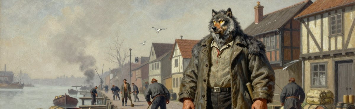 A painted Renaissance riverside wharf on a grey morning: timber jetties, moored barges, stacked barrels, half-timbered tenements behind, labourers at work, and in the foreground a very large upright dockworker with a wolf's grey-furred head, heavy shoulders and a canvas coat, a bale hook in one hand