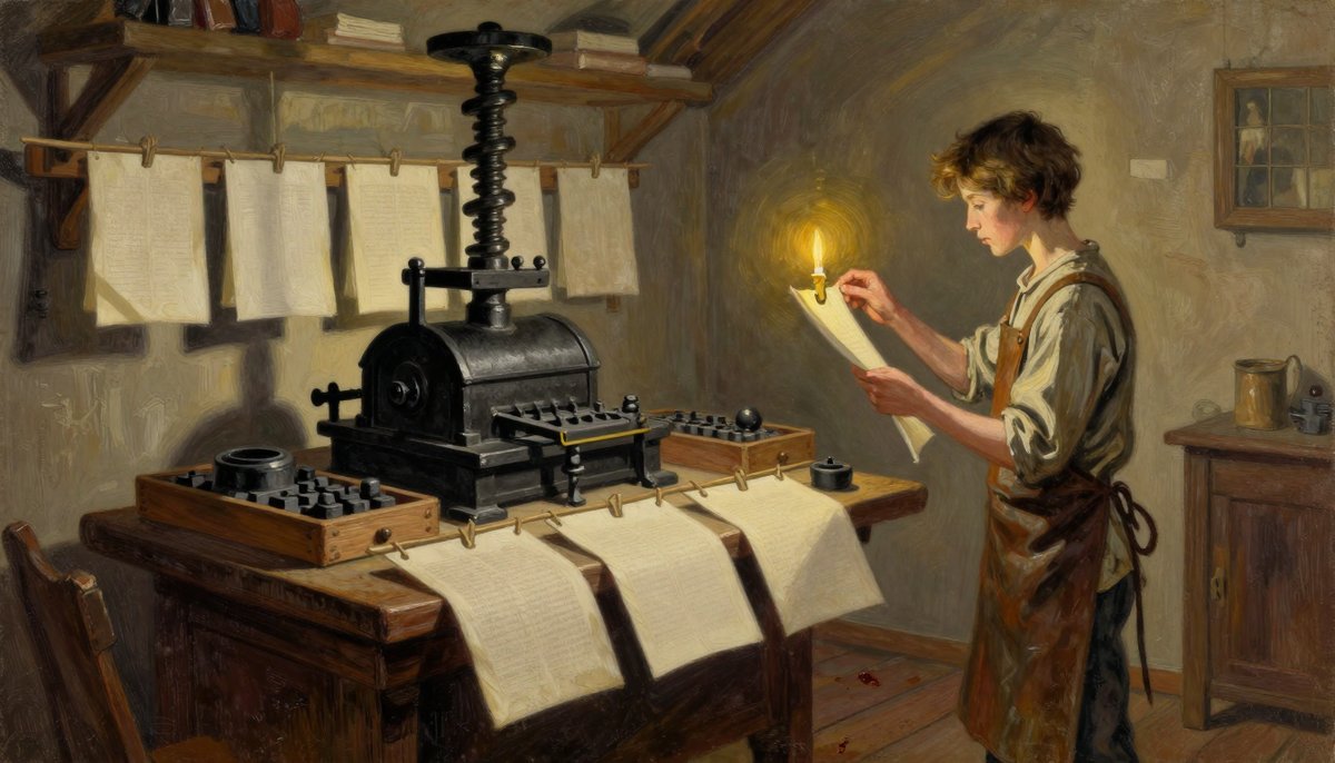 A painted Renaissance printing shop by candlelight: a tall iron and timber hand press with a great screw, shallow trays of metal type, rows of freshly printed sheets pegged on twine to dry, and a thin fair-skinned boy of seventeen in a leather apron holding a sheet up to a candle to read the impression