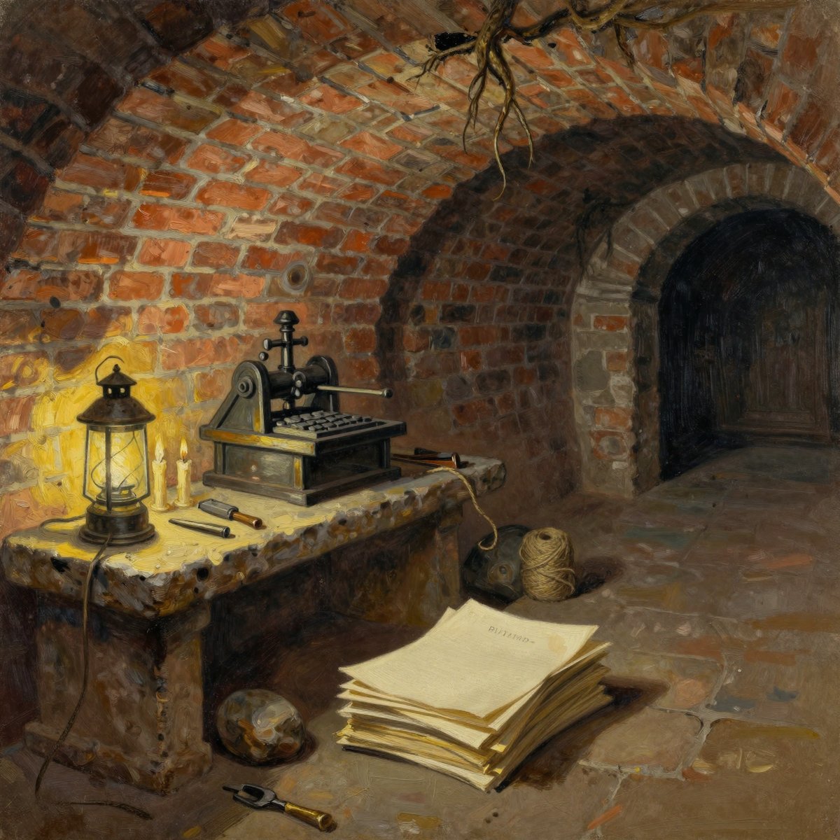 A painted secret workshop in an ancient vaulted brick undercroft: a small hand press on a stone bench with engraving tools and a tray of type, a hooded lantern and candle stubs, a coil of twine, a stack of plain pale sheets weighted with a stone, and a low dark passage running away into black