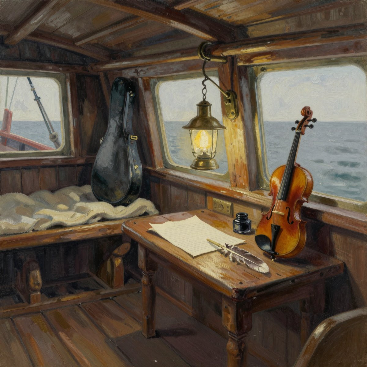 A painted stern cabin of a small wooden schooner under way: dark tarred boards, a hinged table let down from the bulkhead with unmarked ruled paper, an inkwell and a cut quill, a violin and a violin case, a brass lamp, and long grey water through the stern window