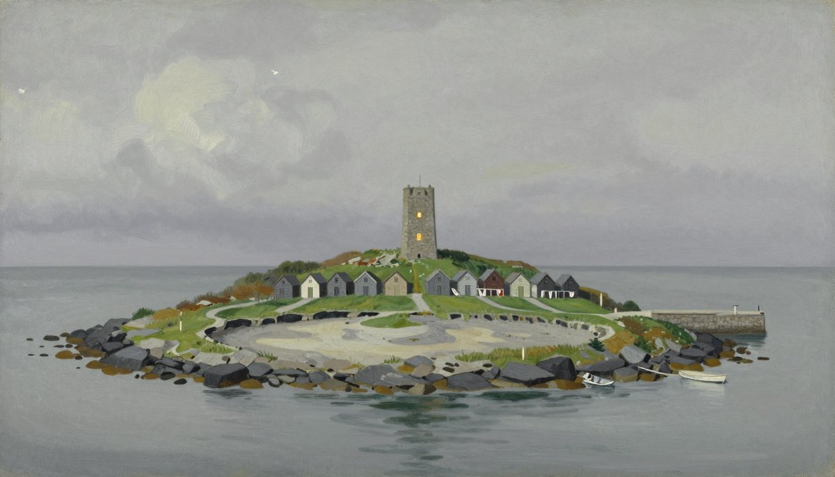 A painted view from the water of a small remote island on a cold grey sea: a shallow crater of pale thin grass ringed by dark rock, two tidy rows of small timber huts with paths between them, a narrow three-storey stone tower with one lit window above them, and a short stone jetty with a rowing boat tied at it
