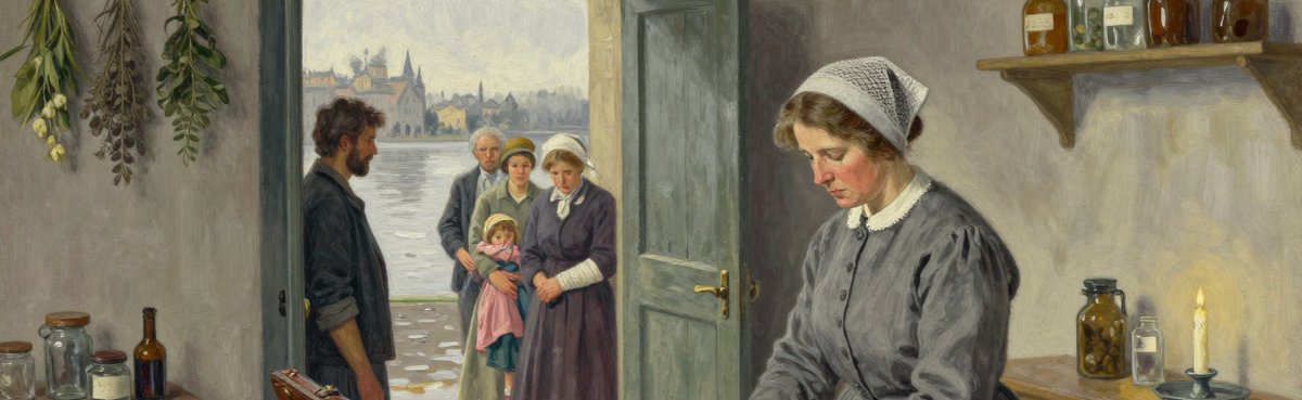 A painted interior of a modest free surgery in a poor riverside quarter: a scrubbed table with a leather case of surgical instruments laid open, rolled linen and a basin, herbs drying from a beam, a plain broad-handed middle-aged woman in a grey dress and netted cap laying out the instruments, and beyond the open door a queue of poor patients including a woman holding a small child