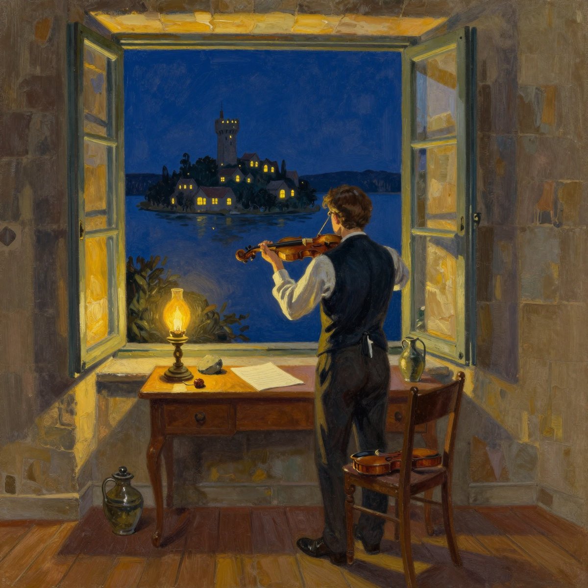 A painted night interior of a stone tower room seen from behind the figure in it: a man in shirtsleeves and waistcoat standing at a tall open casement with a violin under his chin and the bow drawn, his back to the viewer and his face not visible, an oil lamp and a sheaf of ruled paper on the writing table behind him, and the dark island with lit windows far below