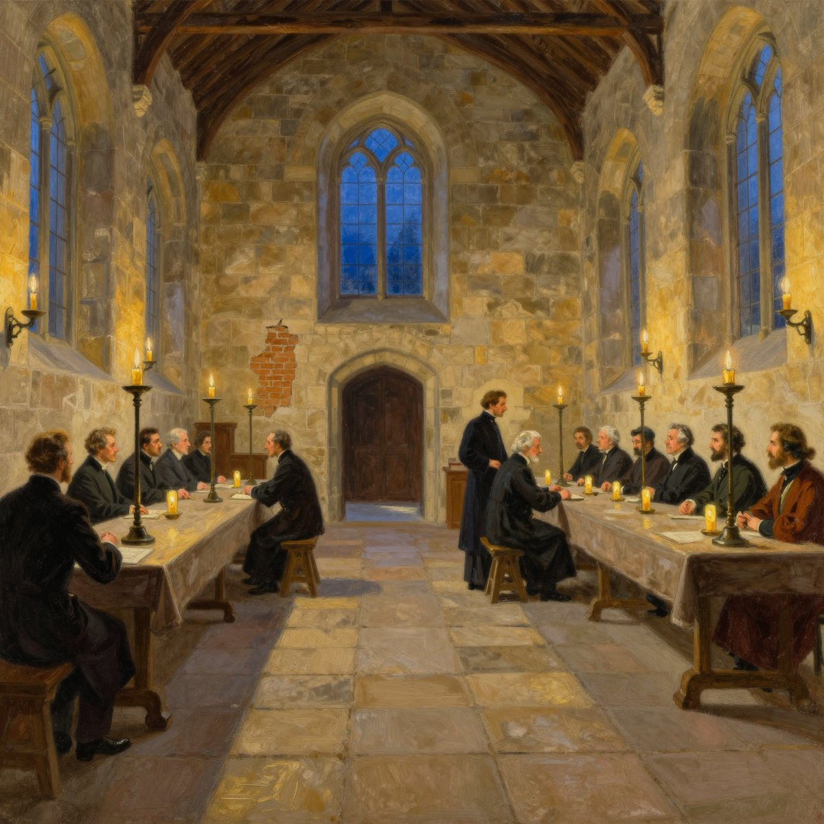 A painted stone hall with a high timber roof and tall gothic windows showing deep blue evening light. Two long tables run down either side, set with candles in tall holders, and men in dark robes sit along them while one stands to speak. A pale worn track runs the length of the flagstone floor down the centre of the room, and a patch of newer brickwork interrupts the stone wall beside the far door.