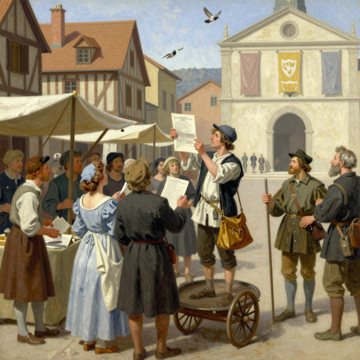 A painted market square. A young man in a blue cap stands on a low handcart holding a printed sheet above his head and reading from it. A crowd of townspeople in working clothes presses round him, several already holding sheets of their own, and a woman beside him reads one aloud. Market awnings and timber-framed houses fill the left, and a pale stone civic building hung with coloured banners stands opposite under a blue sky with birds overhead.