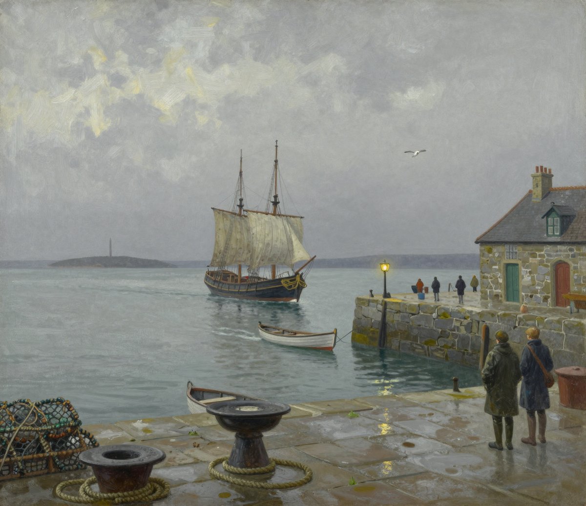 A painted harbour under a grey overcast sky. A two-masted schooner with pale sails set stands out on flat green-grey water, with a small white rowing boat moored nearer the quay. A stone breakwater runs across the middle distance with a lit lamp on a post and a few figures walking along it, and a stone cottage with a slate roof stands at the right. Stacked lobster pots, iron bollards and coiled rope fill the wet foreground quay, where two people stand looking out.