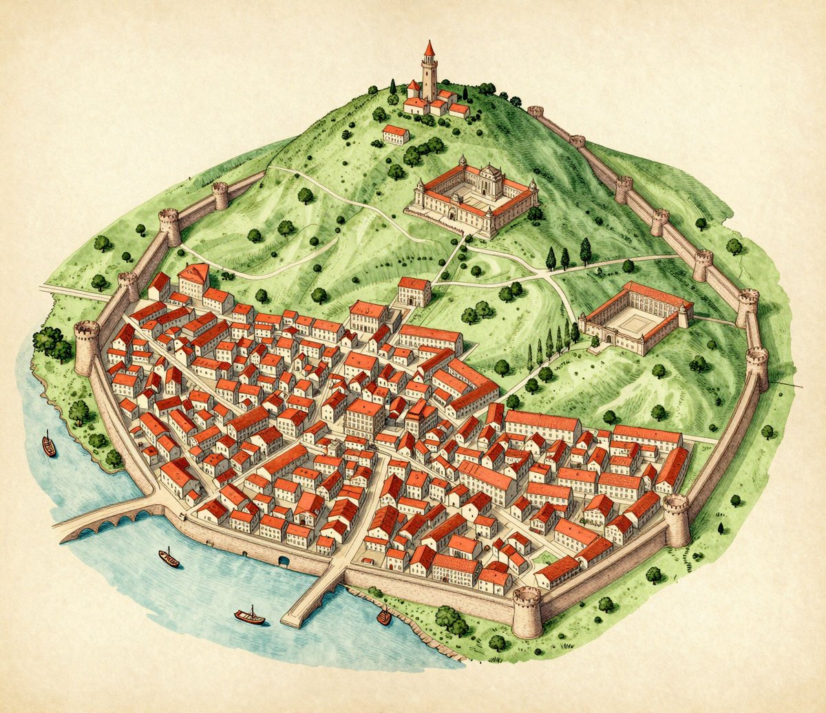 An illustrated bird's-eye map of a walled Renaissance hill city, drawn in ink and watercolour on aged paper. Hundreds of red-tiled roofs are packed inside a stone curtain wall studded with round towers. Water lies at the lower left with two small boats, crossed by a bridge that runs into a fortified gate. Above the town, green slopes rise to a large walled complex of pale buildings, with a tall bell tower at the summit.