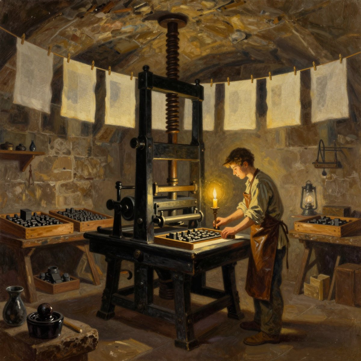 A painted vaulted stone cellar workshop lit by one candle. A large wooden screw press stands in the middle, its iron frame and platen dark against the walls. A young man in a leather apron leans over the type bed by candlelight, setting or checking the forme. Trays of metal type lie on trestles either side, an ink ball and pot sit in the foreground, an oil lantern hangs on the right, and printed sheets hang pegged on lines around the whole room to dry.