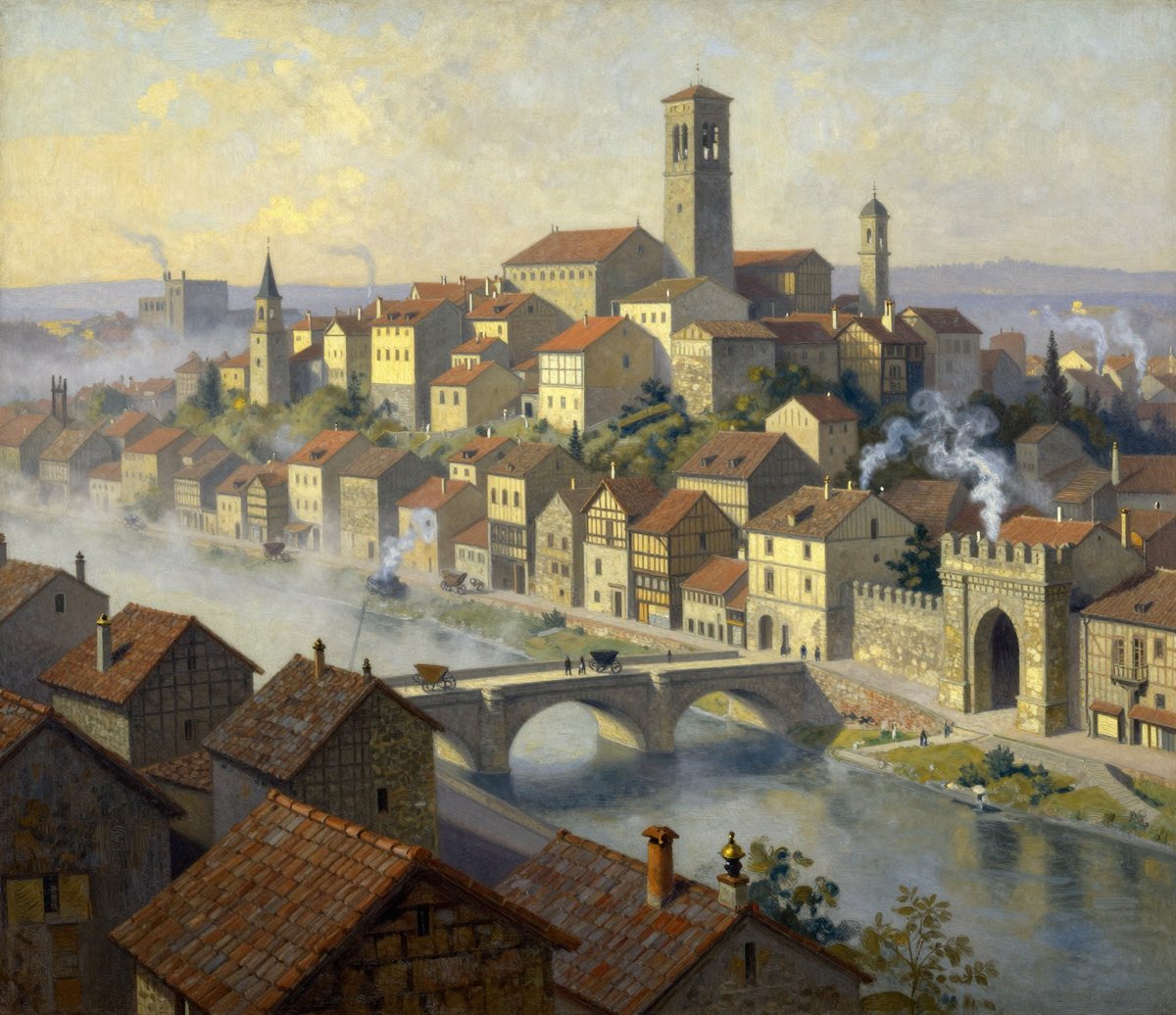 A painted view over a Renaissance river town in morning mist. Tiled roofs climb a hill toward a tall square bell tower and a smaller spire. A stone bridge with two arches crosses the river in the middle distance, carts and figures on it, and a fortified stone gatehouse stands at the right bank. Chimney smoke rises straight up in still air.