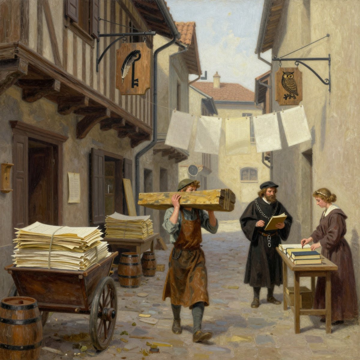 A painted narrow cobbled lane between timber-framed and plastered houses. Printed sheets hang pegged on a line strung overhead across the lane. A handcart in the foreground is piled with bundled paper, and more stacks sit on a trestle. A young man in a leather apron carries a heavy timber beam on his shoulder, a bearded man in a black gown and cap reads from a book, and a woman in a brown dress sets out bound volumes on a table. Carved trade signs of a quill and key and of an owl hang from iron brackets.