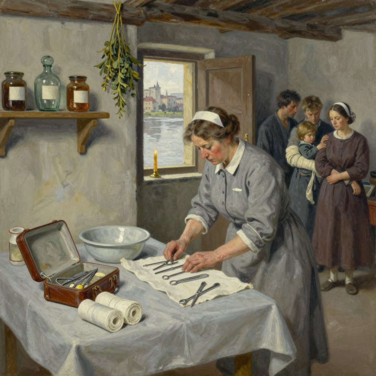 A painted room with rough plastered walls and a beamed ceiling. A woman in a grey dress and white cap leans over a cloth-covered table, laying out steel surgical instruments in a row beside a basin, rolled bandages and an open leather instrument case. Labelled jars stand on a shelf and a bunch of dried herbs hangs from a beam. Through an open door and window a grey river and a town are visible. A family waits against the far wall, the father holding a small child whose arm is bandaged.