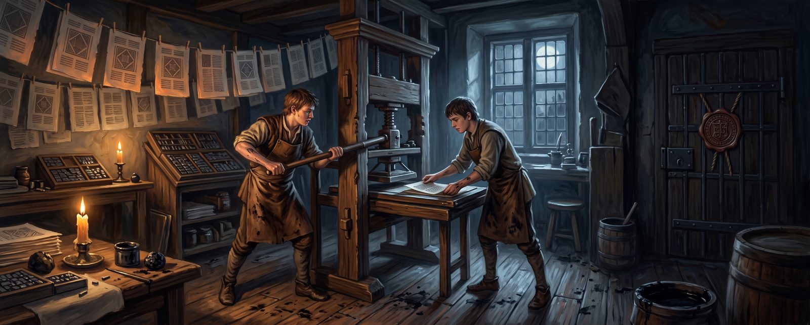 Two apprentices working a wooden hand press at night, printed pages drying on lines above them